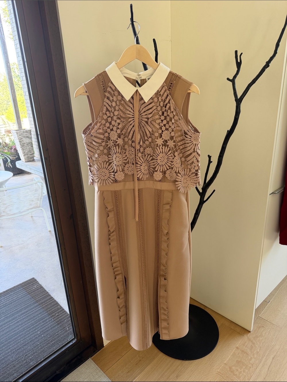 Sleeveless Floral Lace A-Line Dress with White Collar in Taupe